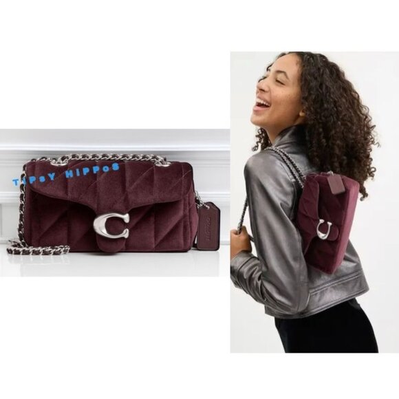 NEW! Coach Burgundy Quilted Velvet TABBY 20 Shoulder Bag With Silver Chain Strap - Picture 1 of 10